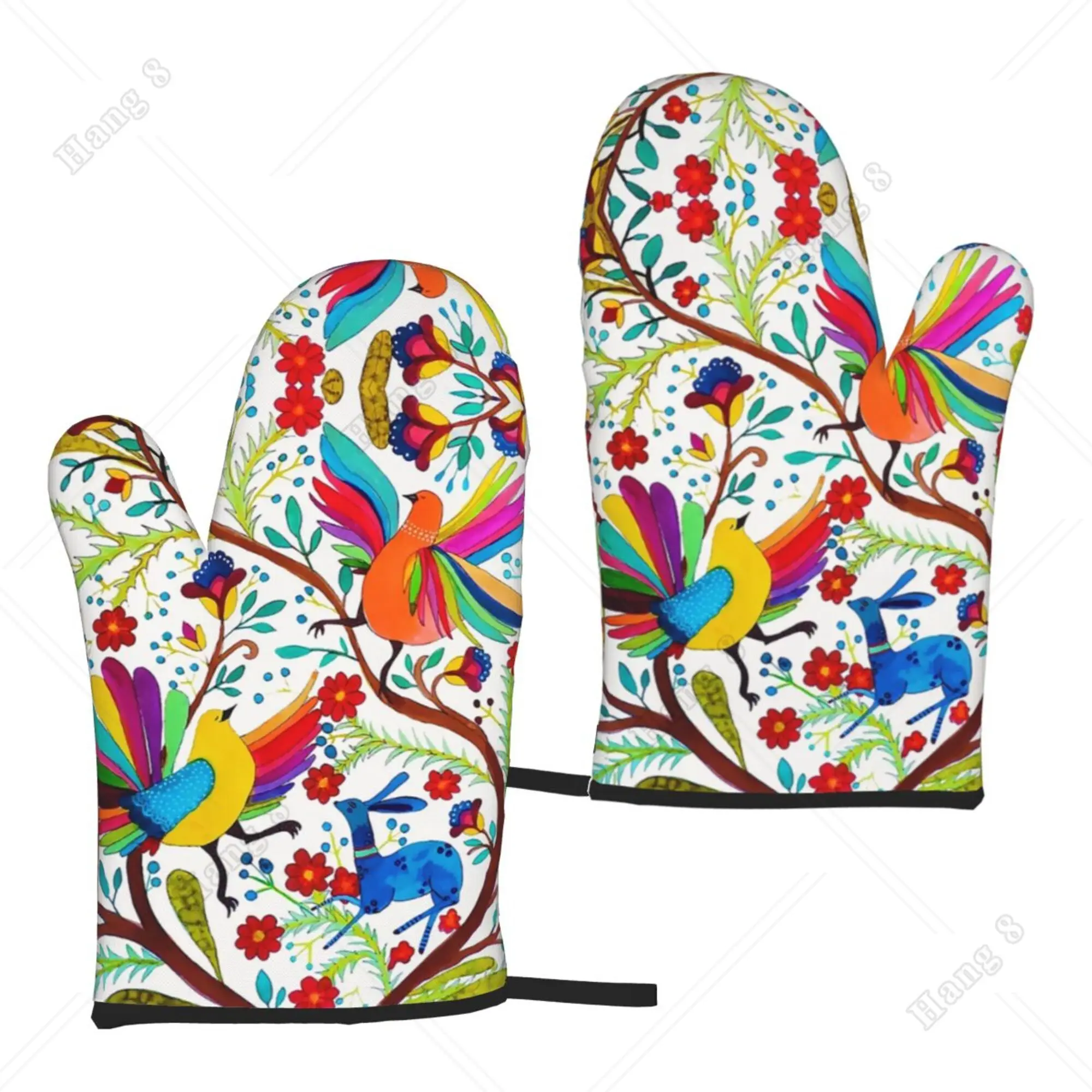 

Colorful Birds Vintage Pattern Oven Mitts Kitchen Gloves 2PC for Girls Women Heat Resistant Print Polyester One Size for Cooking