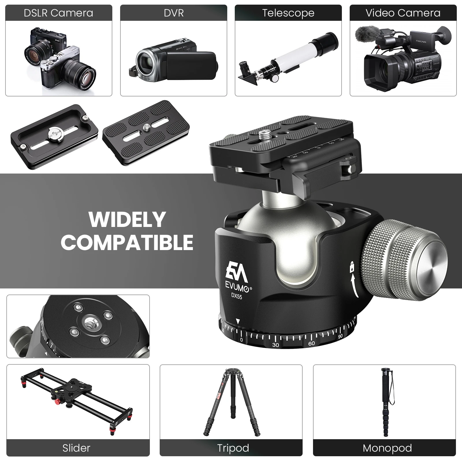 Tripod Ball Head Camera Panoramic Head EVUMO Ball Head 55mm for Tripod Camera Picatinny/Arca Swiss Tripod Head Mount Aluminum Alloy panoramic DX55-P Max Load 40kg