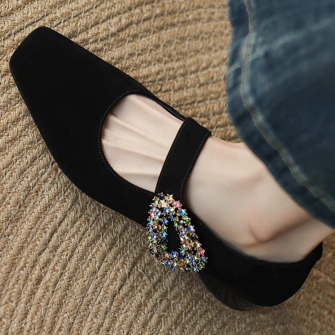 Women's natural suede leather crystal buckle square toe slip-on Mary Jane pumps 3.5cm thick med heel slim daily dress shoes sale
