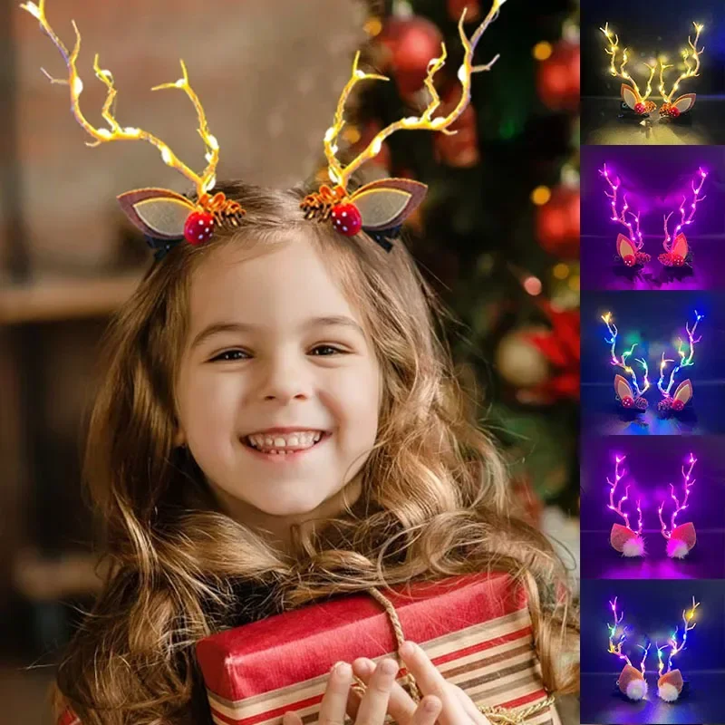 LED Christmas Antler Hair Clip for Women Girls Glowing Elk Horn Headwear Christmas Gift Elk Hairpin with Lights Navidad Decor