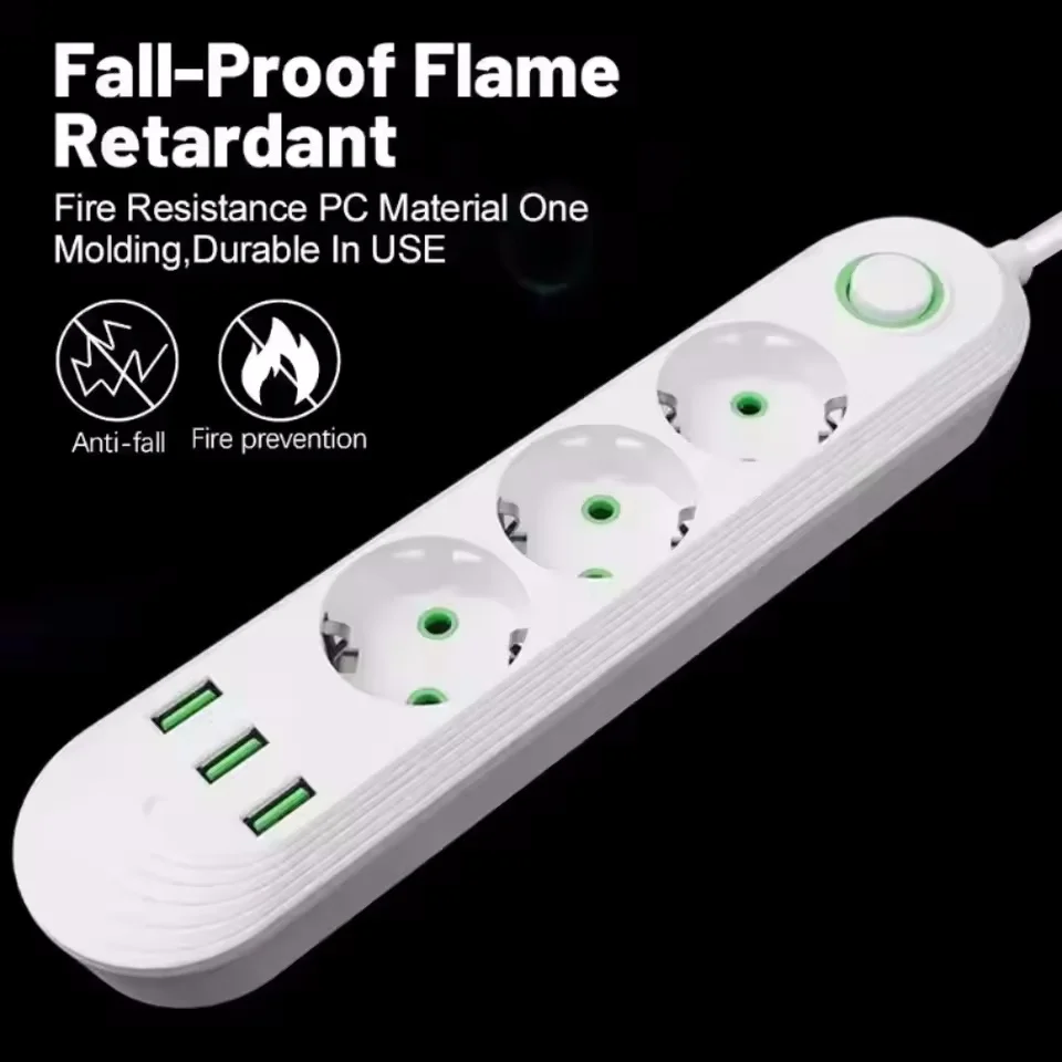 High-Power EU Plug Power Strip with USB Ports & 2m Extension Cord