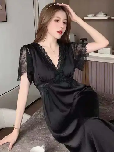 Lisacmvpnel-코트 스타일 레이스 나이트 드레스, 여성용 긴 기장, 탈부착 가능한 가슴 패드가 있는 나이트 웨어, 반팔 잠옷 5