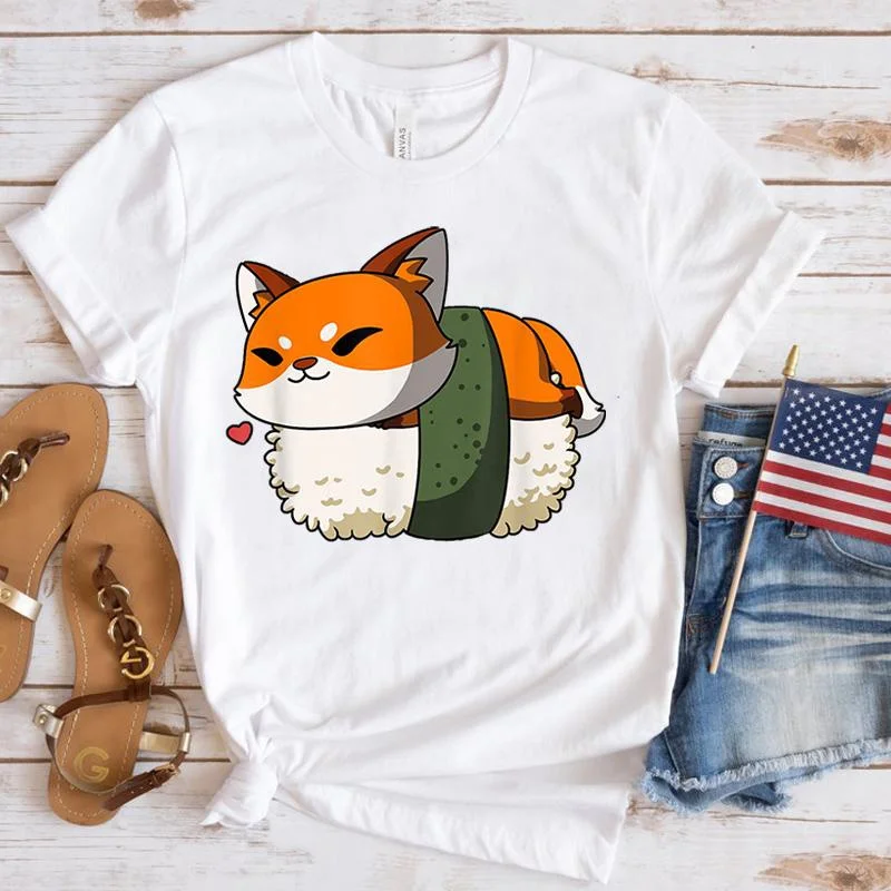 

Fashion Women T Shirts Sushi Fox Print Funny Short Sleeve T-Shirt Lady Girl Casual Summer Cool Top Plus Size