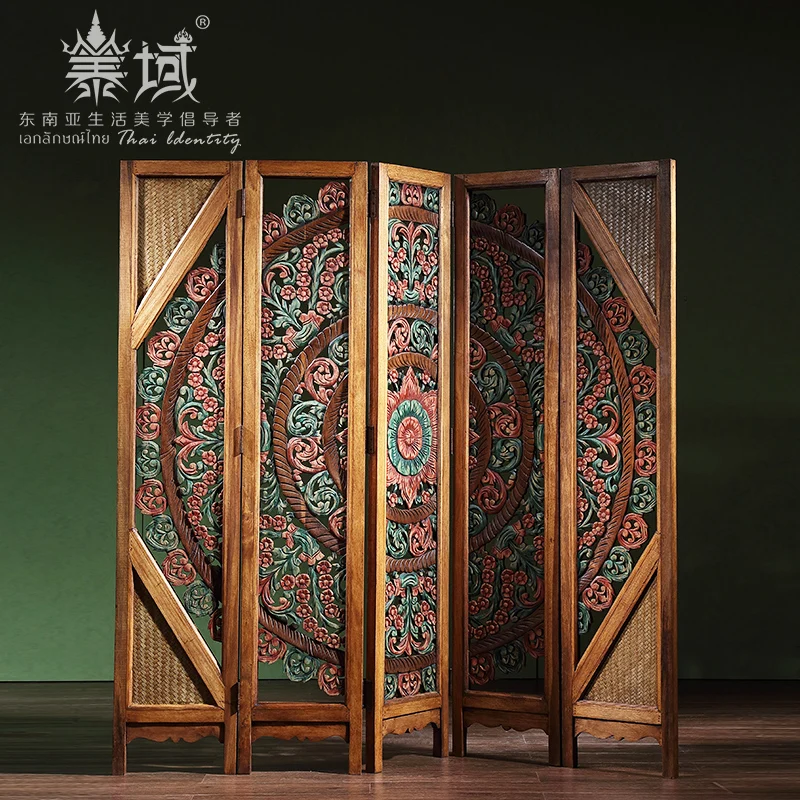 

Thai domain new Chinese solid wood carved screen partition Southeast Asia retro hollow folding living room porch furniture