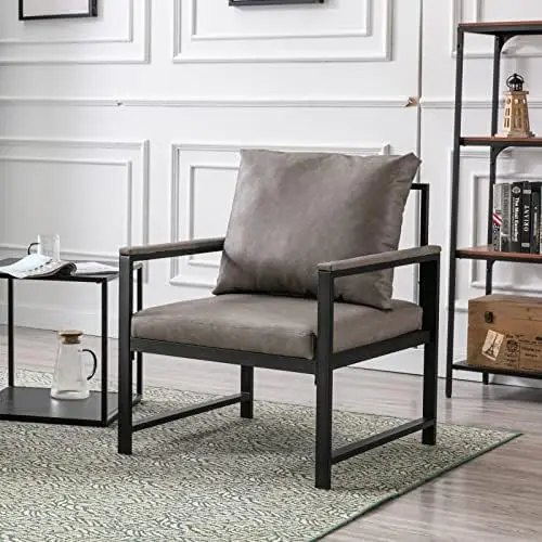 

Century Leather Accent Chair for Living Room, Modern Armchair with Waist Cushion, Upholstered Living Room Chairs with Metal Fram