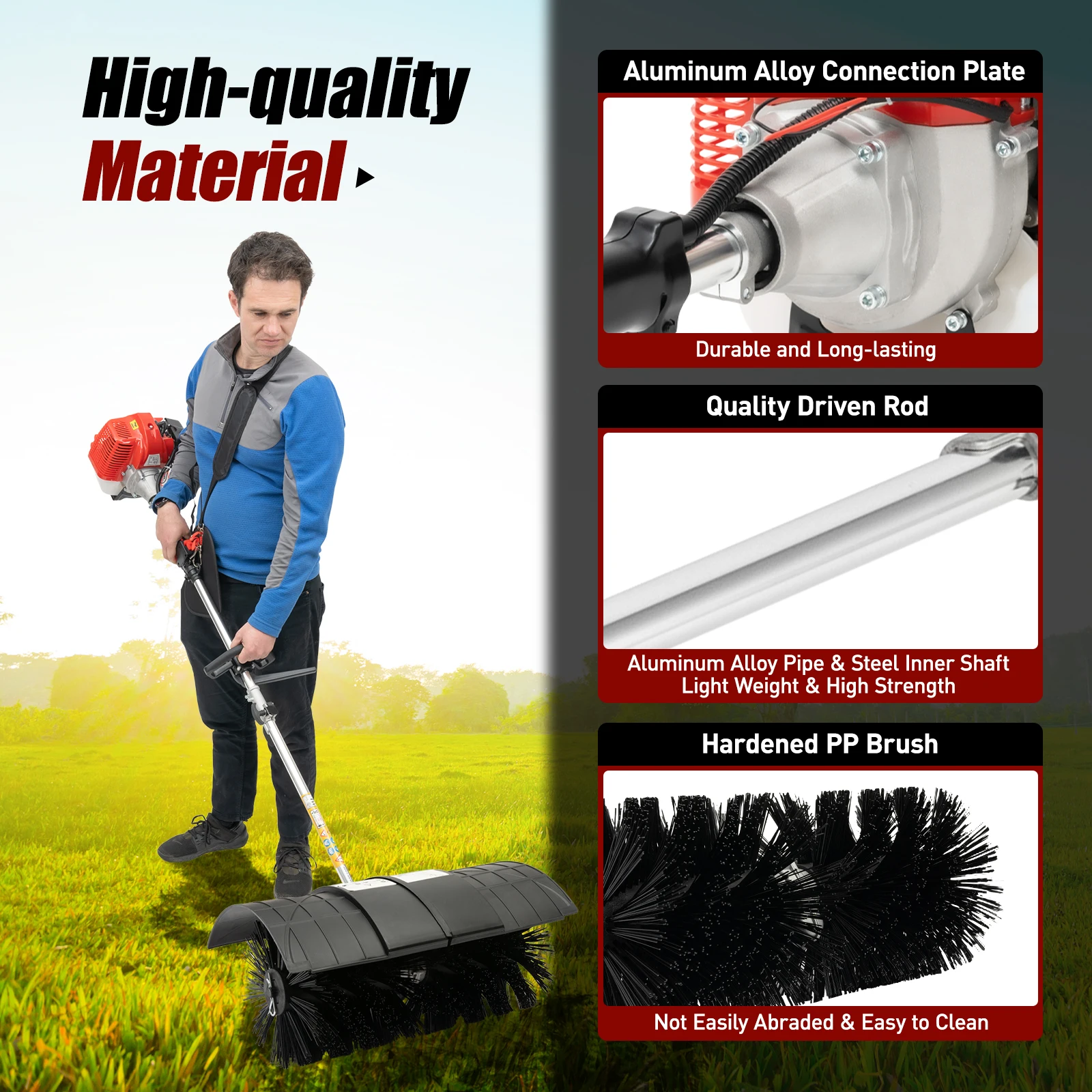 Walk Behind Power Sweeper Broom 52cc & 2.3HP Gas Engine Sweeper Lawn Gravel Turf