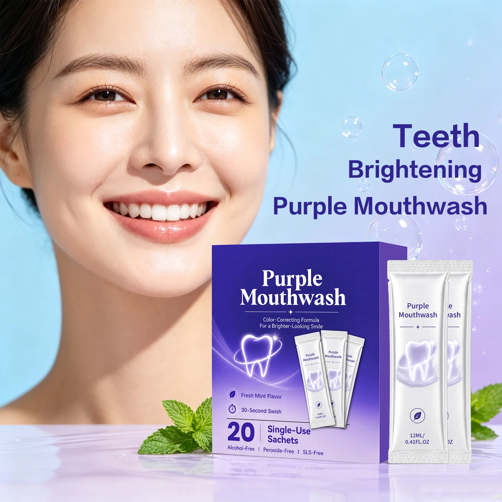 Bain de bouche violet à la menthe, haleine fraîche, rafraîchit les dents, blanchit, élimine le jaunissement, corrige la couleur, soutient la santé des gencives, soins bucco-dentaires