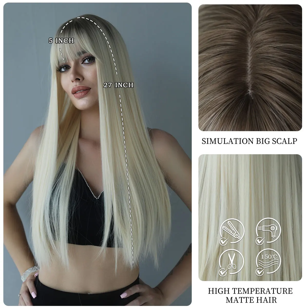 7JHH WIGS Platinum Blond Hair Wig for Woman Daily Party Long Straight Wavy Wig with Bangs Heat Resistant Fiber Synthetic Wigs