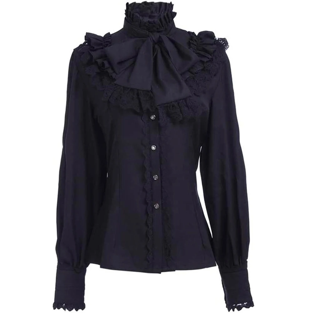 New Women Vintage Victorian Ruched Lace Shirts Party Blouses Gothic Lolita Long Sleeve Ruffles Solid Black White Tops Soft Shirt japanese kawaii lolita jsk y2k skirt small idol gothic black short skirt women sweet bow ruffles bandage high waist strap skirts