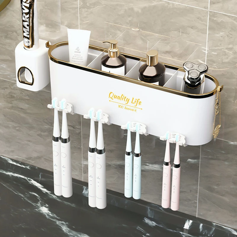 Toothbrush Holder Wall Mounted Toothpaste Squeezer Wall Mount Home Bathroom Cup Storage Rack Without Drilling Shaver Dispenser