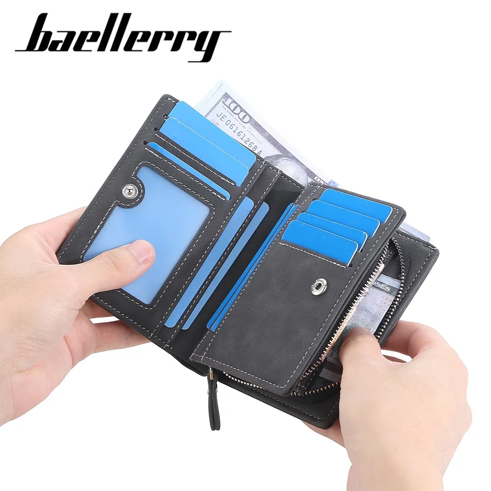 Men's Front Pocket Wallet Slim PU Leather Zipper Closure RFID Protection 10 Card Slots Minimalist