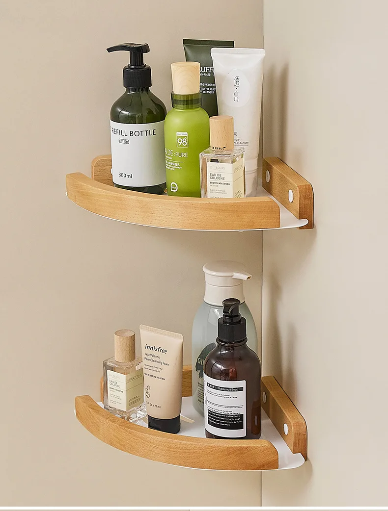 Wooden shower rack hanging on wall or glass wall