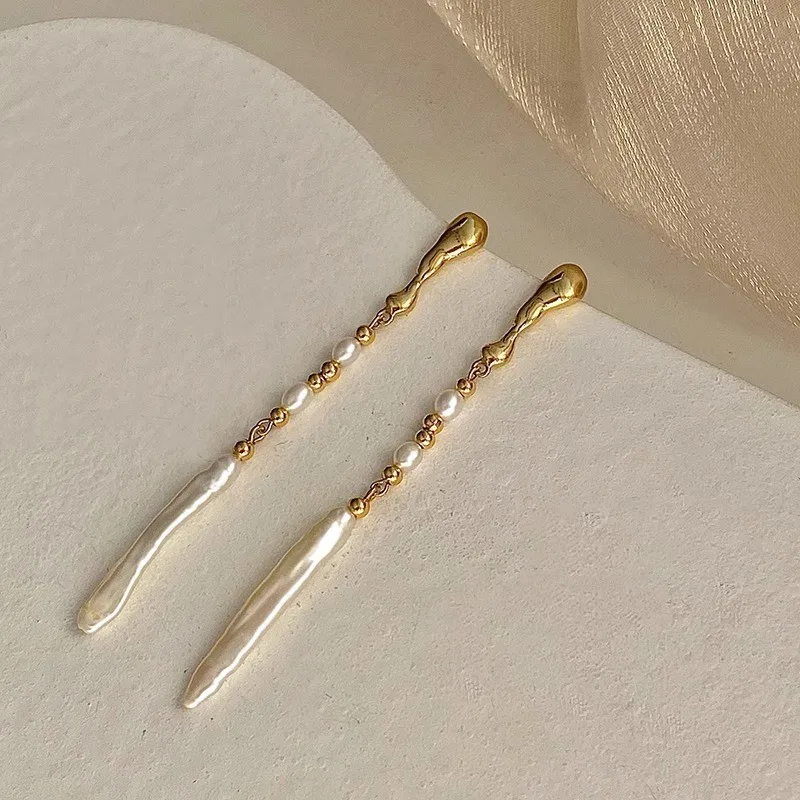 Minar Dainty Irregular Freshwater Pearl Dangle Earrings for Women Real Gold Plated Copper Beads Strand Long Tassel Earring
