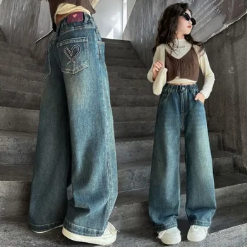 Wide Leg Jeans for Girls Spring Autumn Loose Vintage Straight Retro Pants Fashion Teenage Kids Trousers 6 8 9 10 11 12 14 Years 1