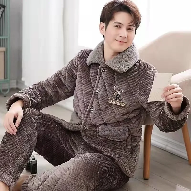 2024 New Pajama Men Winter Three-layer Padded Coral Velvet Loungewear Padded Cotton Plus Velvet Flannel Homewear Suit Autumn