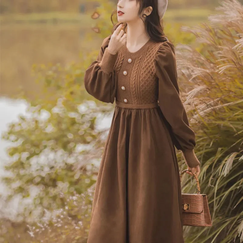 Fake Two Pieces Thick Red Dress Autumn and Winter New Knitted Woolen Dress Women's Round Neck with Coat Underlay Red Dress Lon