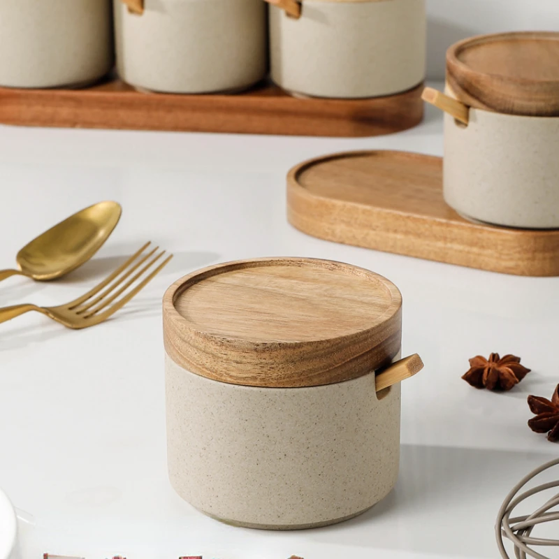 Ceramic Seasoning Jar Set Household Kitchen Sugar and Salt Jar with Lid Large-capacity Food Storage Box Kitchen Container