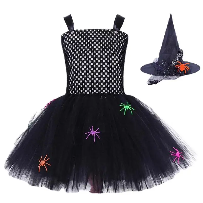 

Little Girl Witch Dress Halloween Black Soft Gauzy Skirt Skin-Friendly Holiday Dress Up Clothes For Children Ages 3-11