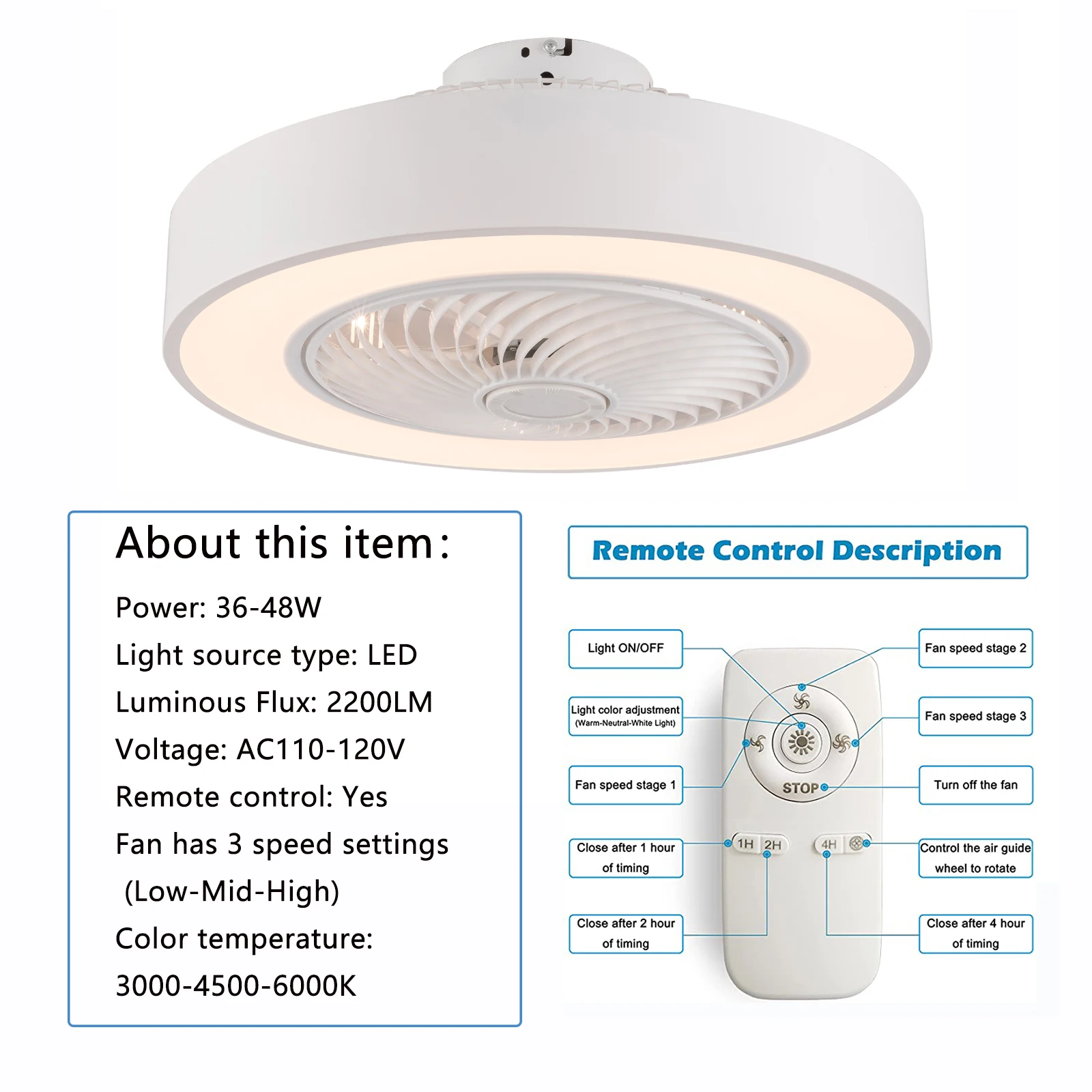 22" Enclosed Ceiling Fans with Lights Remote Control, Low Profile Flush Mount Ceiling Fan Light, 3 Colors Dimmable LED, 3 Sp