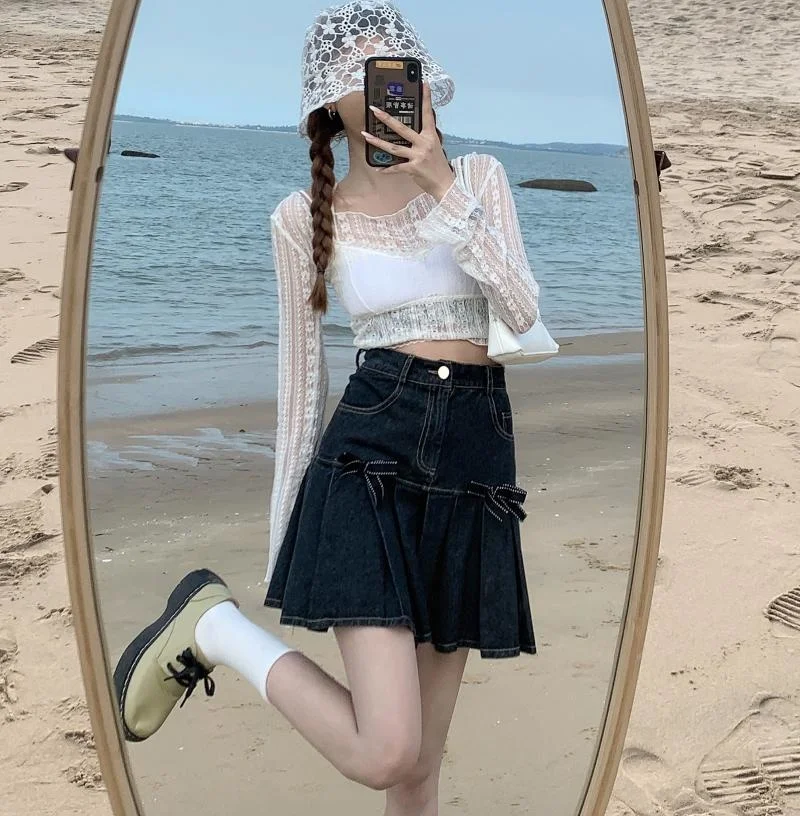 pleated skirt Jeans Bow Pleated High Waist New Vintage Casual Sweet Ruched Denim Korean Students Female A-line Mini Summer Women Skirts white pleated skirt