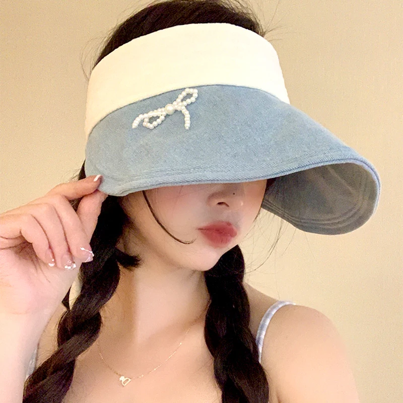 

Hollow Top Pearl Bow With Large Brim Sun Hat For Women Uv Resistant Sun Hat For Summer Outdoor Beach Accessories For Girls