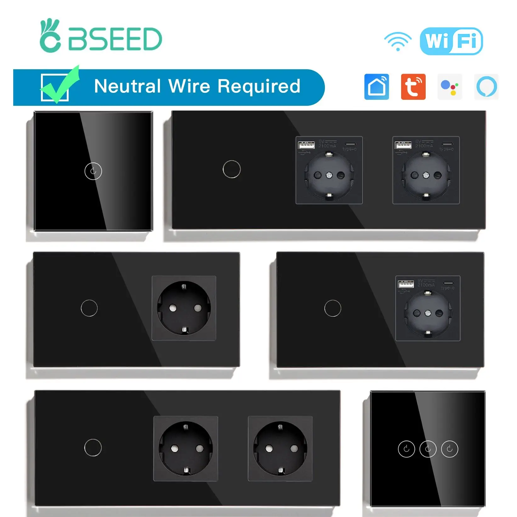 BSEED Wifi 1/2/3Gang Multi-Control Smart Switches Light Touch