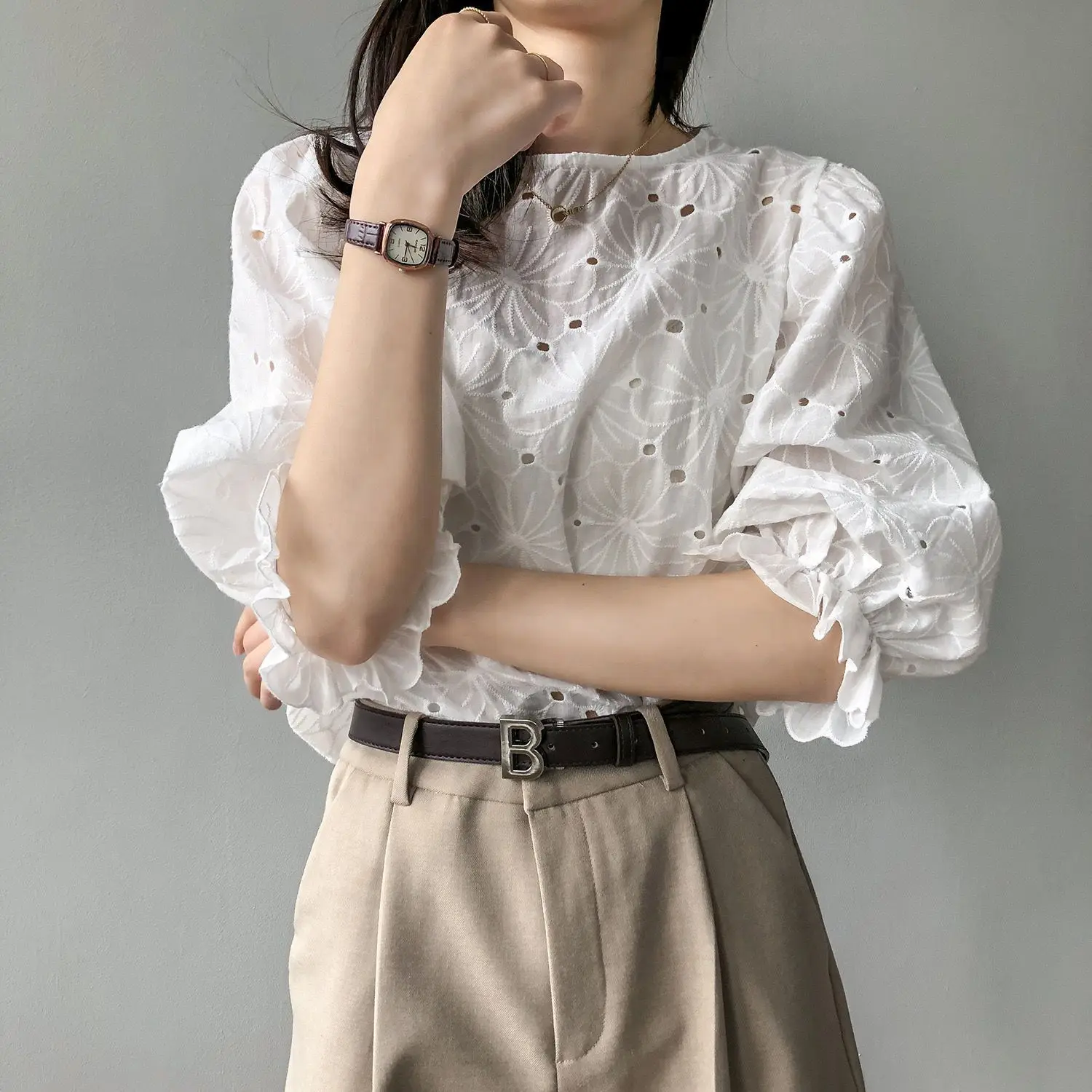 Spring Summer Elegant Ruffles Blouse Hollow Out Shirt 3/4 Sleeve O-Neck Embroidery Floral Tops Female Fashion Casual Shirt