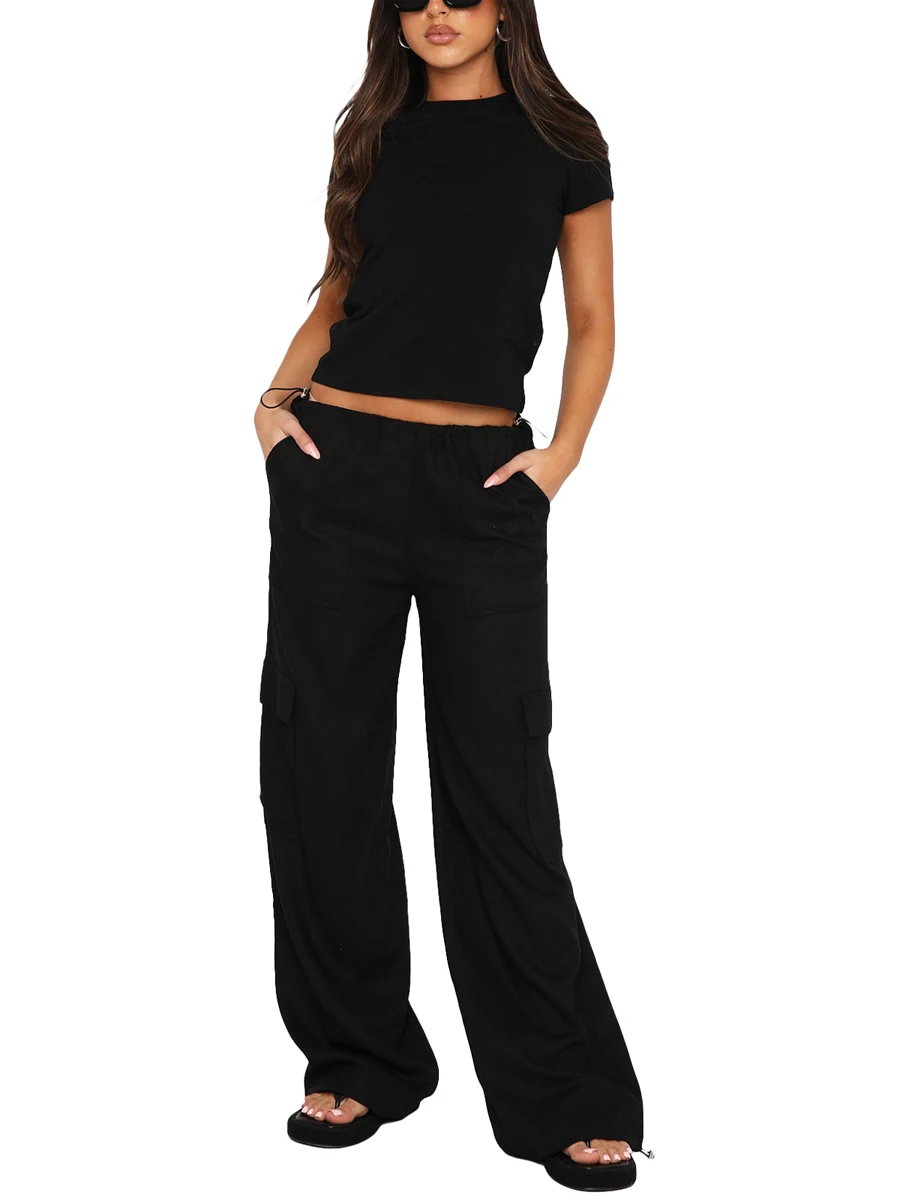 

2023 Fashion Women Cargo Pants Drawstring Solid Loose Trousers with Pockets Streetwear for Casual Daily Pants