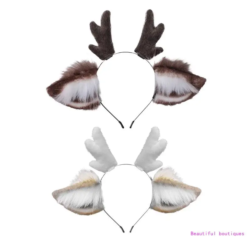 Faux Fur Ears Plush Antler Headband Reindeer Animal Hair Hoop Cosplay Costume DropShip reindeer
