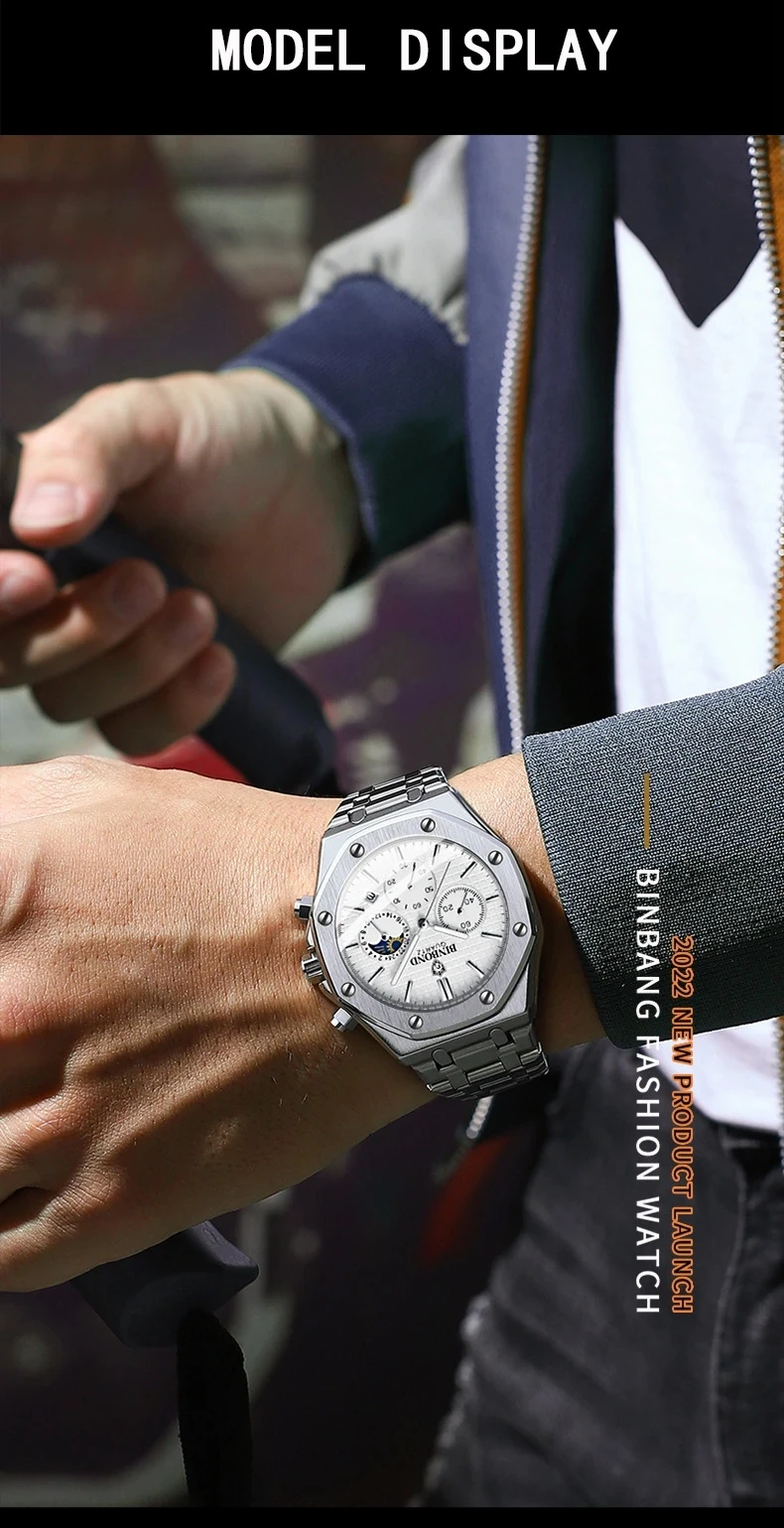 2023 BINBOND B0161 Top box Brand Man Casual Quartz Watch Luxury Luminous Wristwatch Stainless Steel Waterproof Men Clock