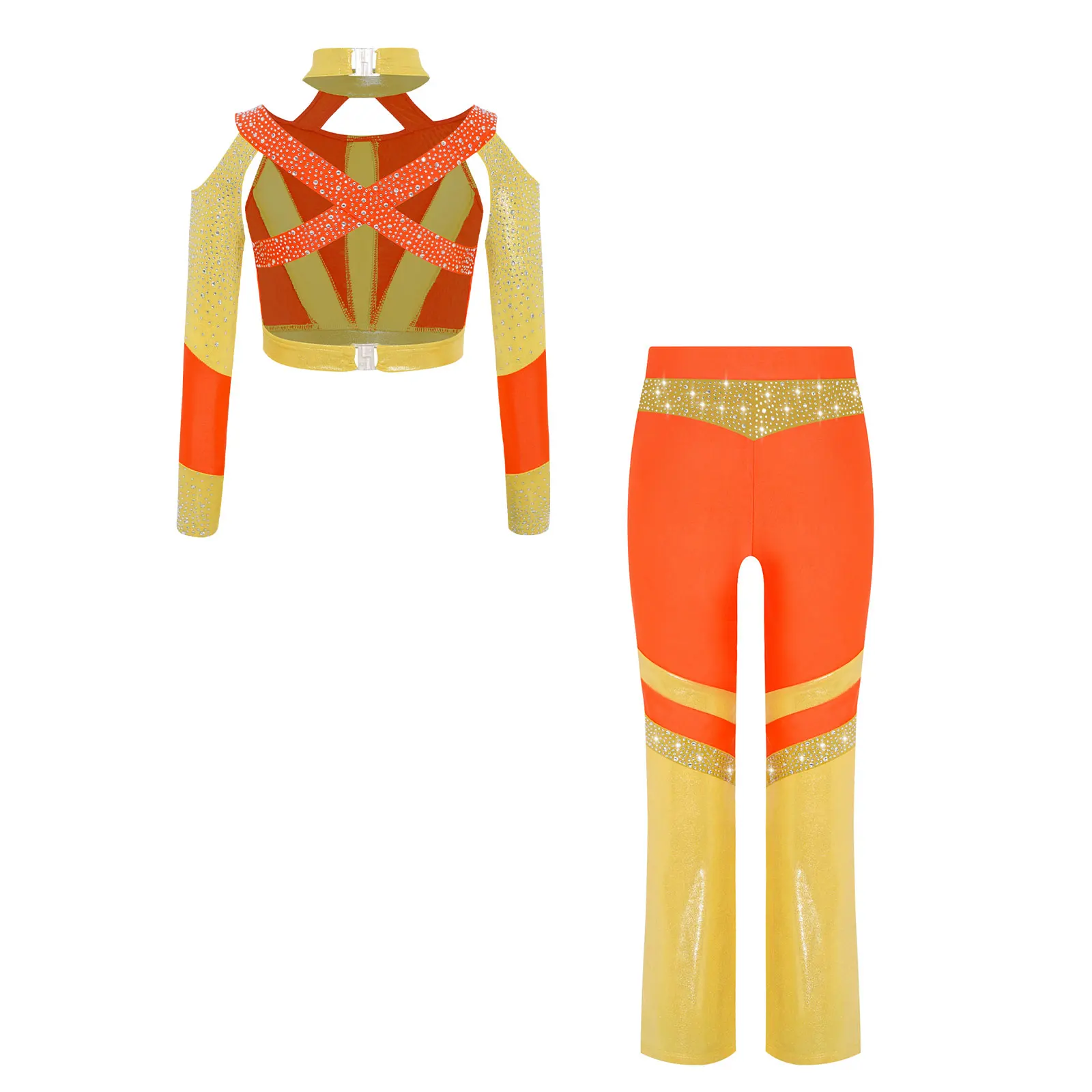 Kinder Mädchen Rhythmische Gymnastik Akrobatik Eiskunstlauf Ballett Jazz Tanzkostüm Glänzendes Strass-Crop-Top mit Schlaghose – Detail 16