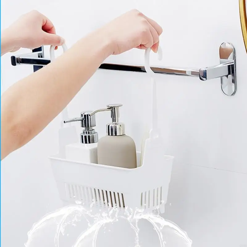 Q39B Sundries Hanging Basket Storage Drain Bag Shower Baskets with Hook Makeup for Kitchen Bathroom