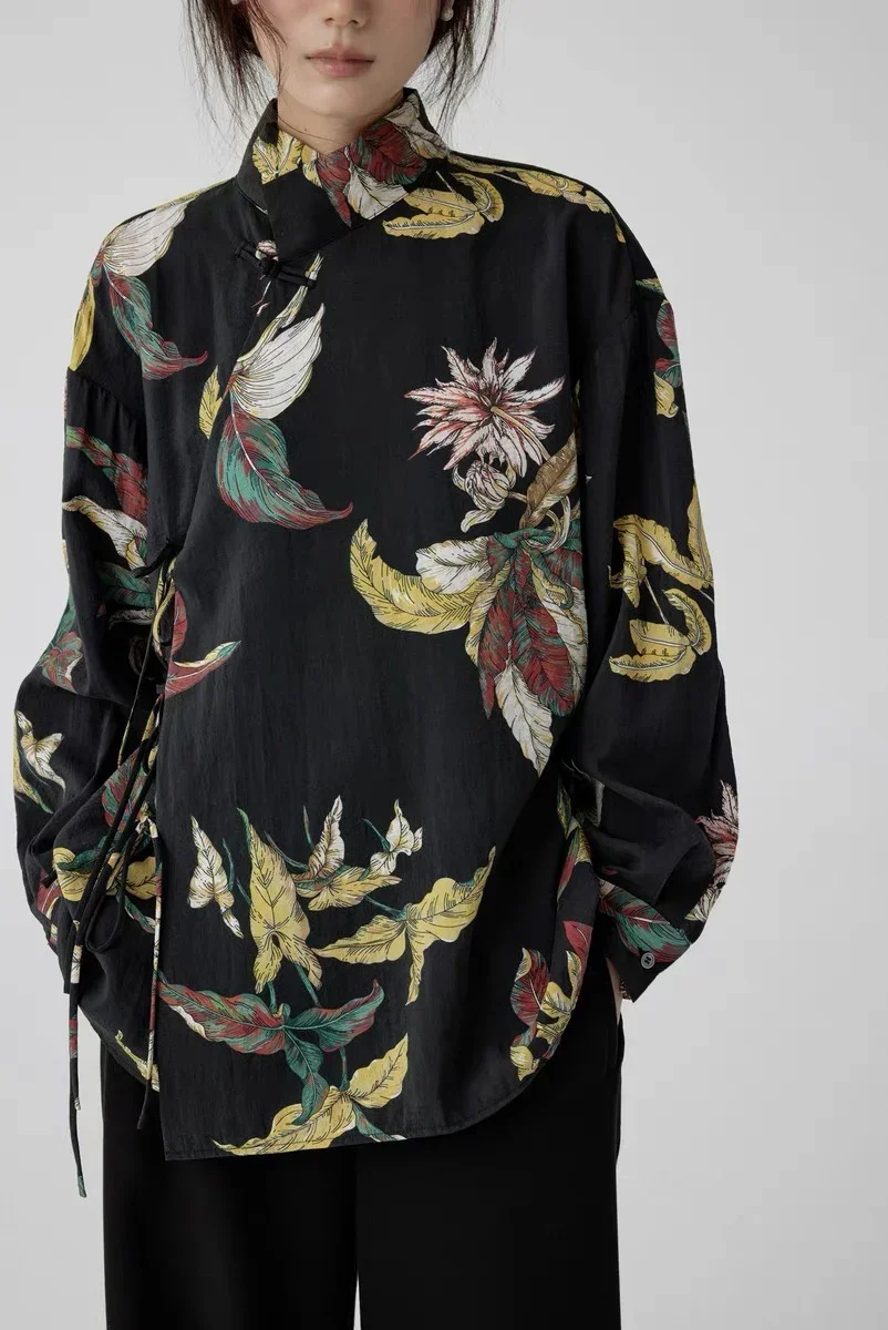 

Черная свободная Облегающая рубашка с китайским Ретро принтом