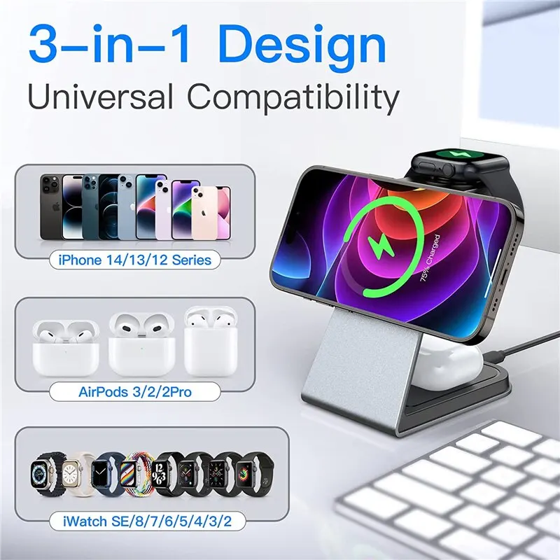 3 In 1 자기 무선 충전기 스탠드 iPhone 12 13 14 Pro Max Apple Watch Airpods 고속 충전 도킹 스테이션