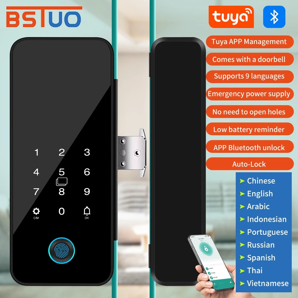 มัลติฟังก์ชั่นสมาร์ทประตูกระจกล็อคอิเล็กทรอนิกส์หลัก Biometric ลายนิ้วมือ Tuya App คีย์ไฟฟ้า Smart Life ประตูดิจิตอลล็อค 1