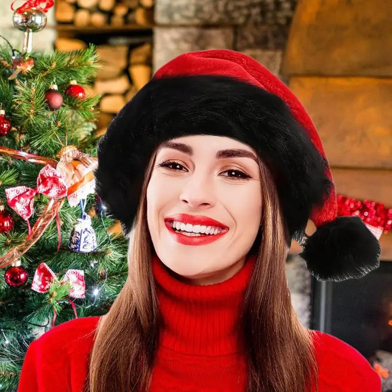 Fashion Christmas Hats with Black Cuffs Unisex Decorative Santa Hat Holiday Costume Winter Warm Hats Christmas Cosplay Props