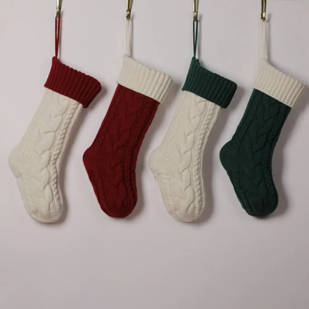 

Christmas Stocking with Diy Tag Knitted Xmas Stockings with Faux Leather Patch Festive Fireplace Party Decor for Kids Holiday