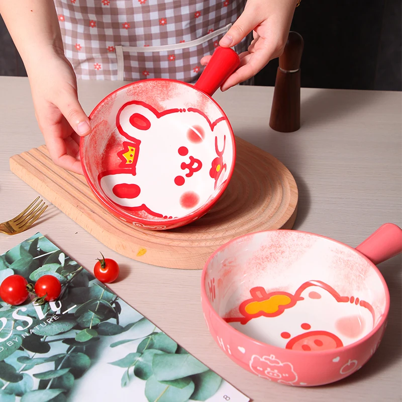 Ceramic baking tray bowl, cute cartoon pattern handle bowl, 580ml