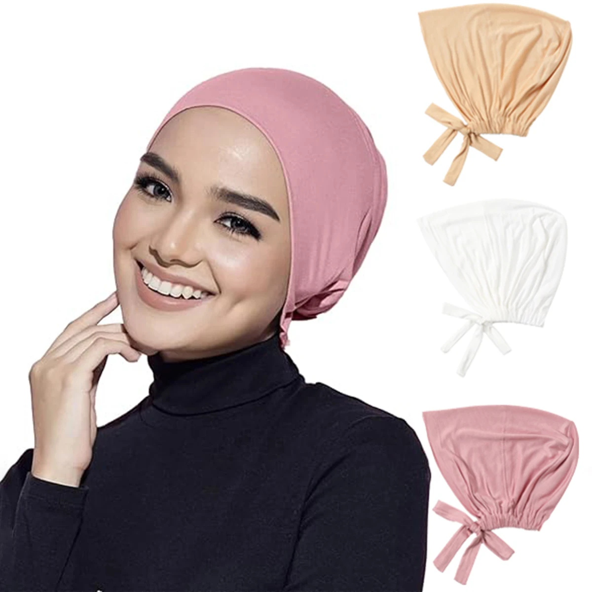 thumbnail image 1 of 3 piezas de gorro de hijab para mujer musulmana, turbante de color sólido, gorro interior elástico para atar en la parte posterior debajo del gorro, pañuelo para la cabeza práctico, hijab, 1 of 4