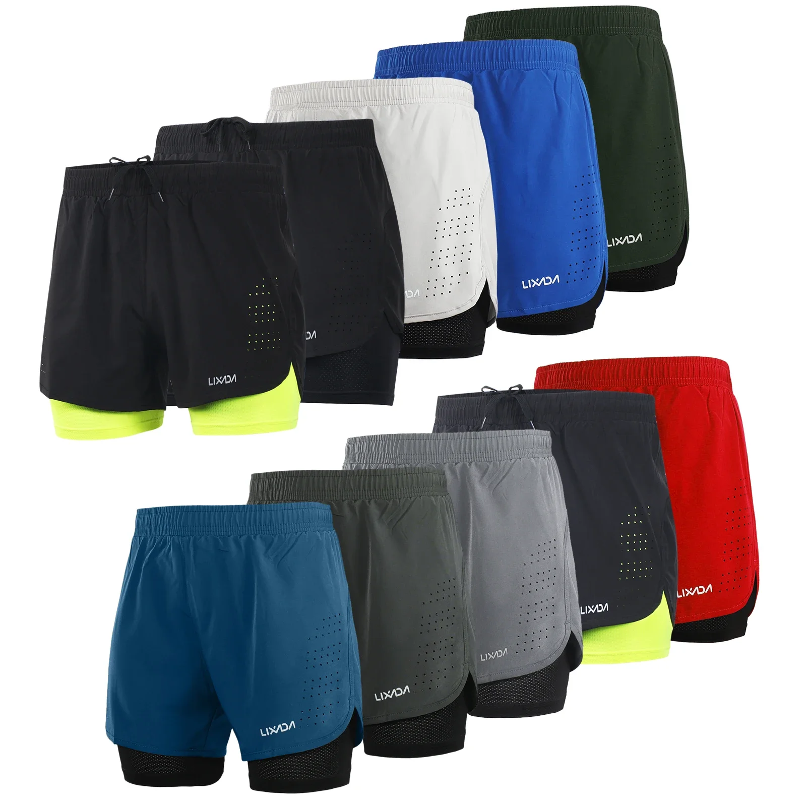 Lixada Men 2-in-1 Running Shorts Quick Drying Breathable Training Exercise Cycling Shorts with Longer Liner Running Short