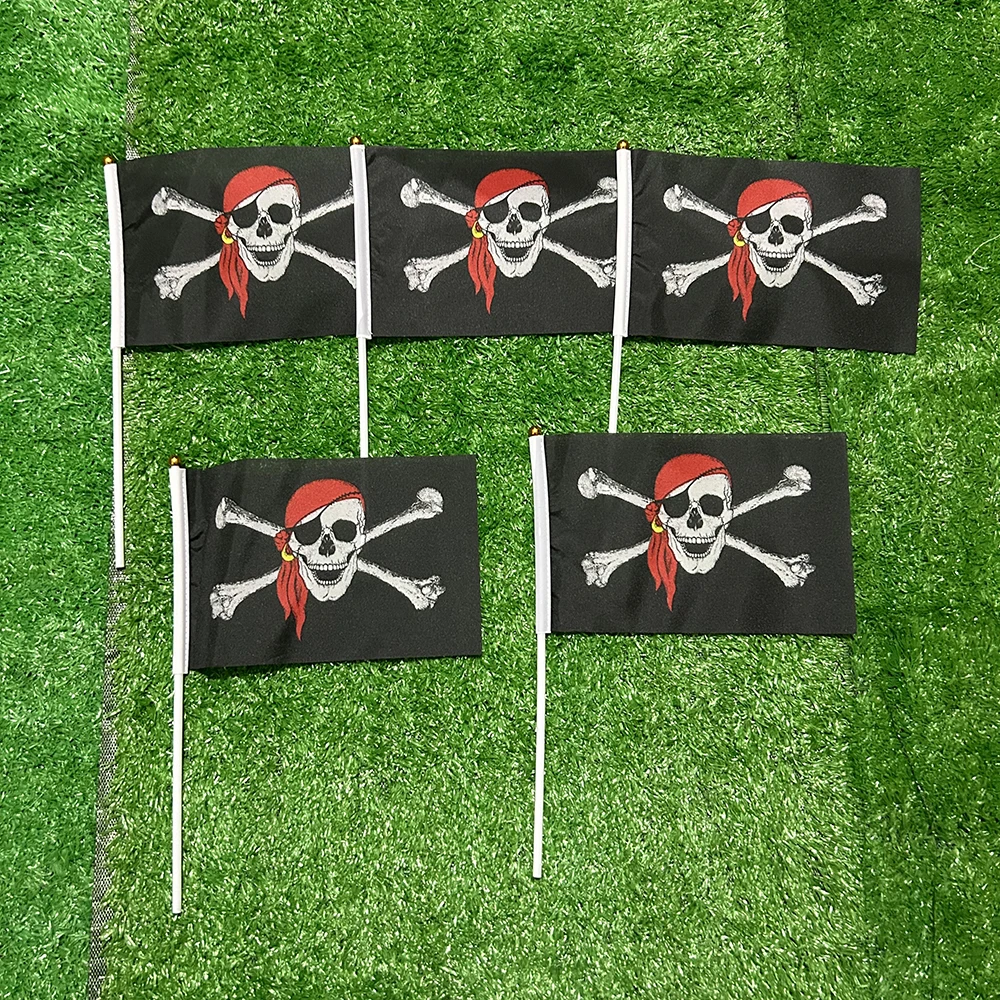SKY FLAG 14x21cm Doppelter Gebrochener Totenkopf mit Messer Piraten-Handflagge Jack Rackham Jolly Roger Handwimpel mit Kunststoffstange – Detail 7