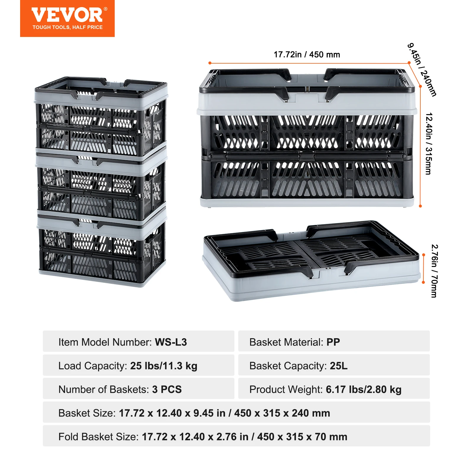 3pcs Foldable, Stackable Storage Basket with Handle for Grocery, Organization