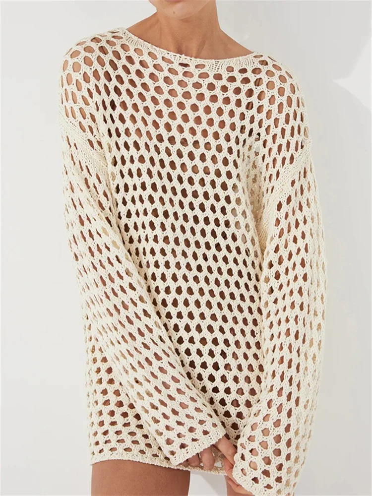 Sexy Hollow Out Knit Cover Up Dress For Women See-Through Loose Beach Holiday Mini Dress Summer Splice Knitwear Cover up