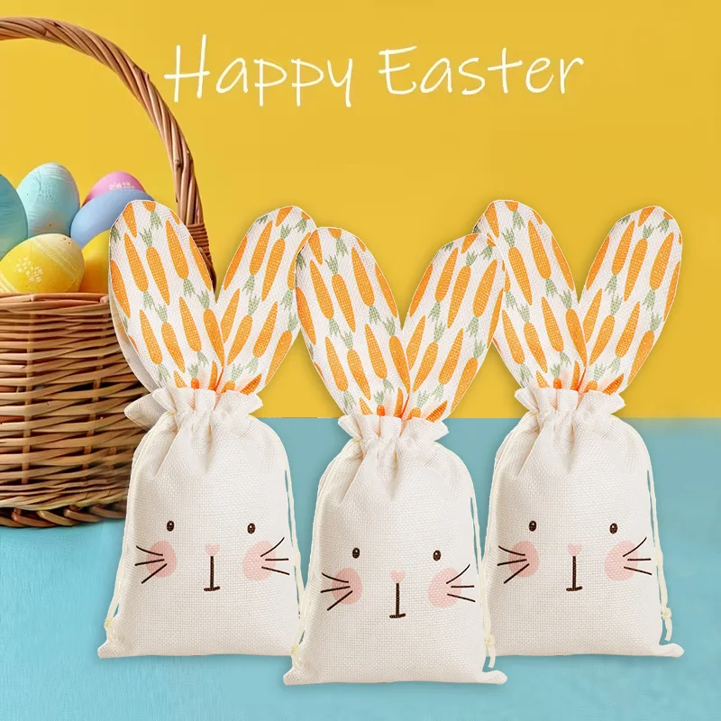 1-6Pcs Rabbit Carrot Linen Gift Bag with Drawstring Easter Party Candy Snack Bags Kids Birthday Decor Supplies Jewelry Pouches