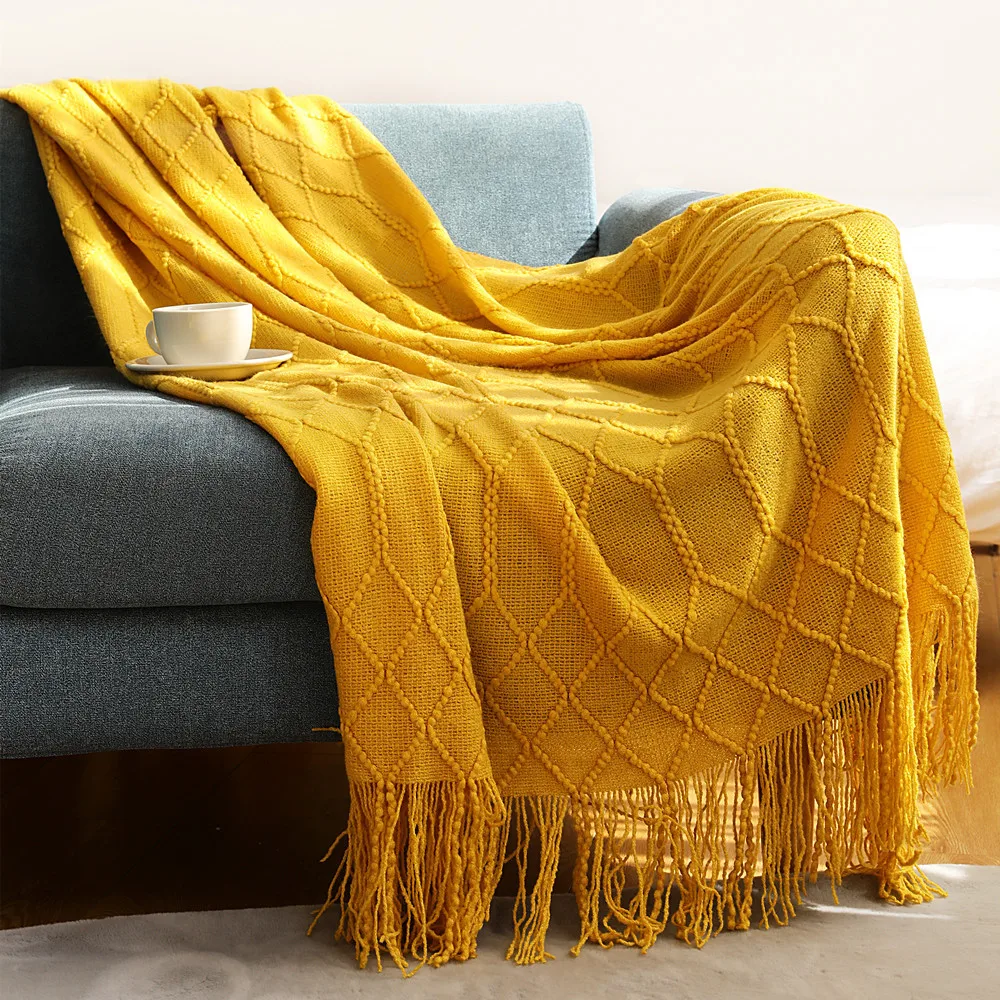 Boho Blue Knitted Throw Blanket with Tassels – Cozy Farmhouse Decor and Gift