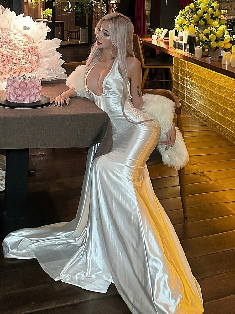 Nibber Banquet Halter Satin Dress Women Elegant Sexy Ruched Backless Low Neck Party Gown Clubwear Stretch Trend Long Bodycon