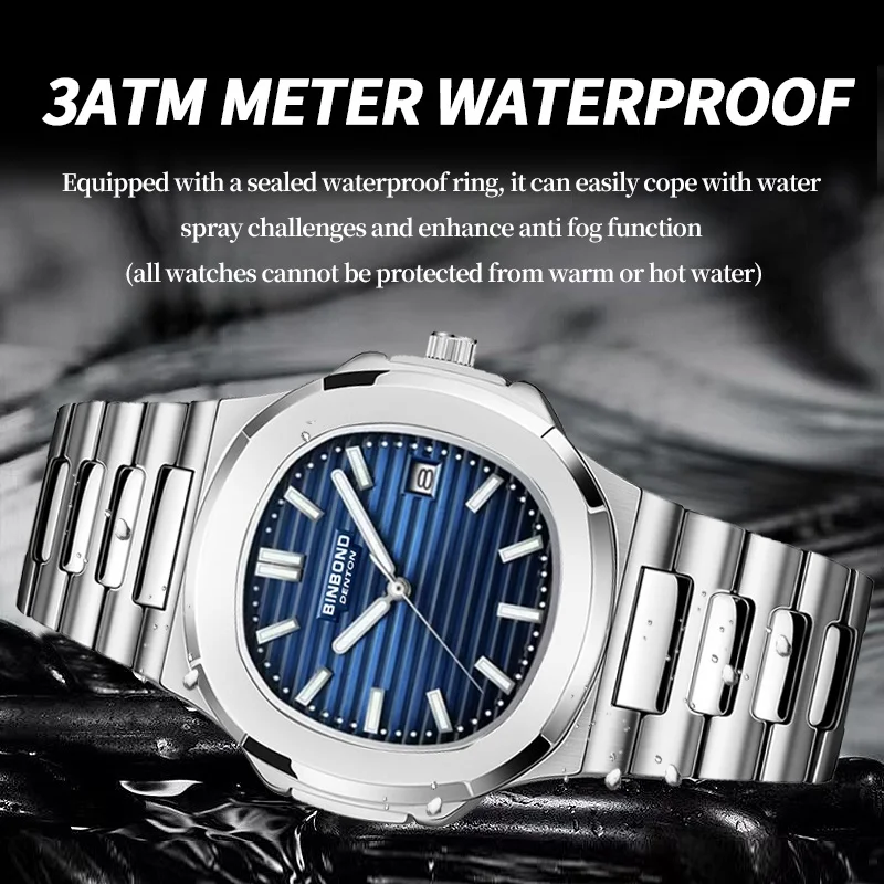 BINBOND Luxury Watch Business Waterproof Male Clock Luminous Date Stainless Steel Square Quartz Men Watch 2023 New reloj hombre