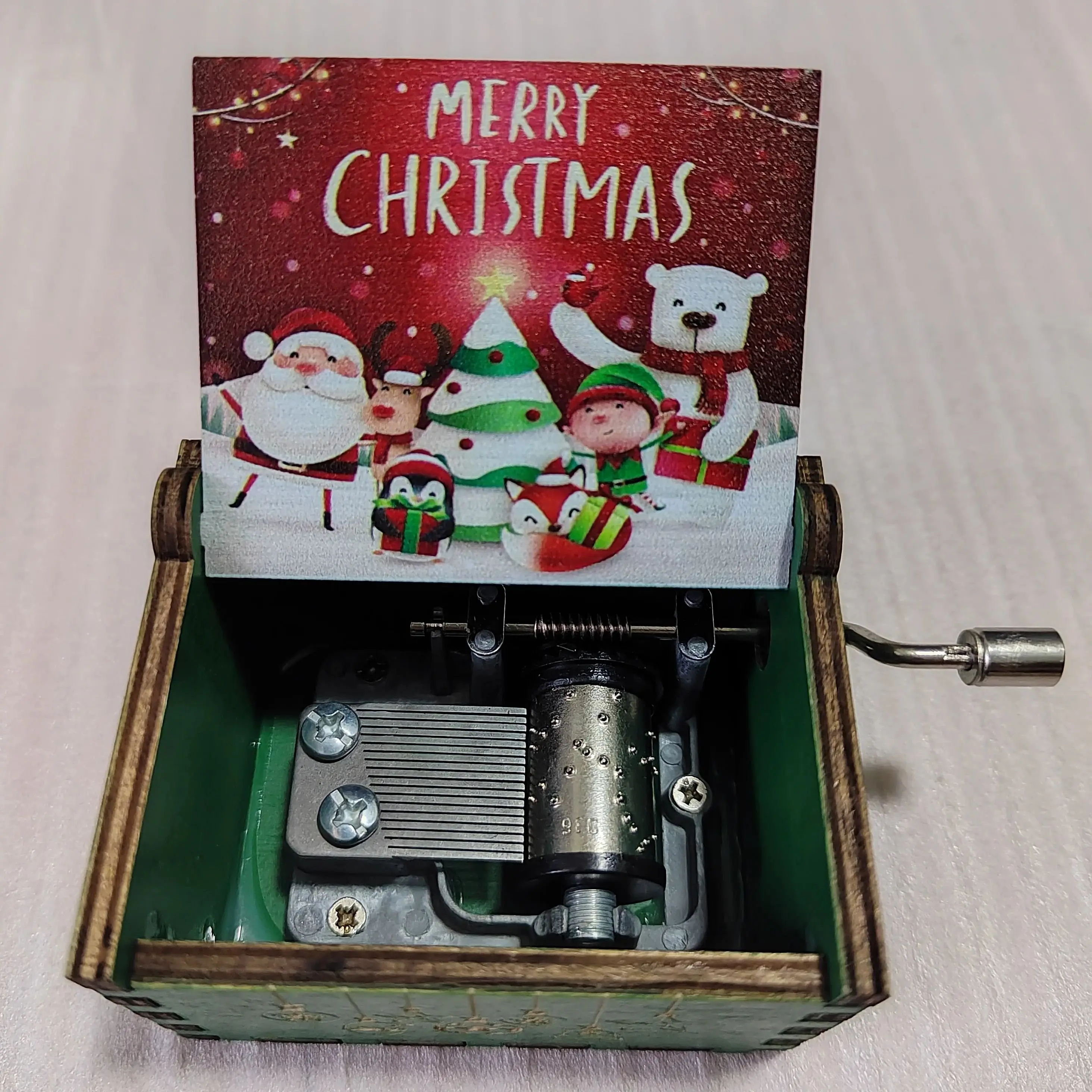 Wooden Music Box Merry Christmas Hand Cranked Movement Christmas Gifts for Children Birthday Present Home Office Decoration