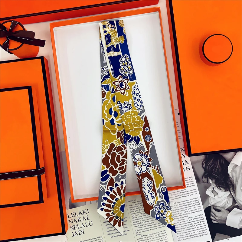 Marke Design Twill 100% Seide Schal Luxus Druck Blumen Schal Frauen Foulard Dünne Tasche Schals Neue Heiße Halstuch Haar Stirnband – Detail 4