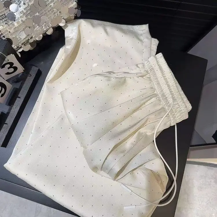 New Women High Waist Hot Diamonds Wide-legged Pants Summer Korean Chic Design Loose Straight-legged Pants Elastic Waist Trouser